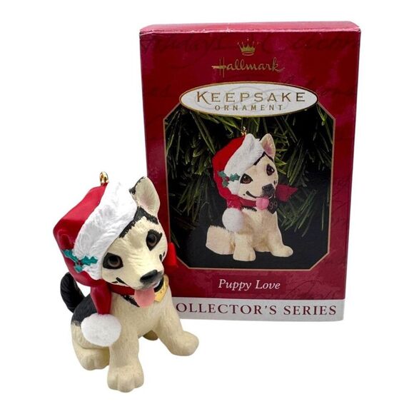 Hallmark Christmas Ornament Puppy Love German Shepard Dog 1999 Wearing Santa Hat - Picture 1 of 5